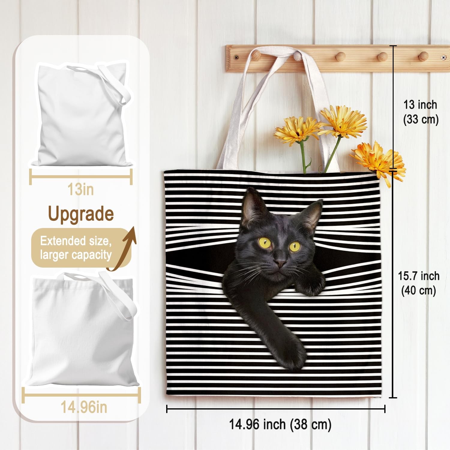 Cute Black Cat Canvas Tote Bag Aesthetic Flowers Reusable Shopping Grocery Ba…