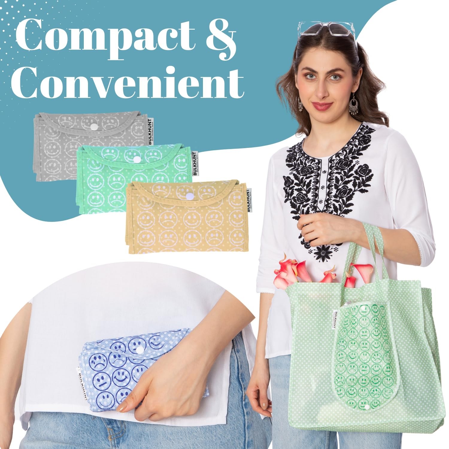 6 PCS Foldable Shopping Bags Combo Reusable Printed With Handle Grocery
