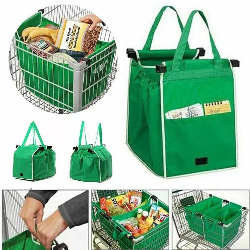 2PCS Foldable Reusable Grocery Shopping Bag Grab Supermarket Tote Clip to Cart