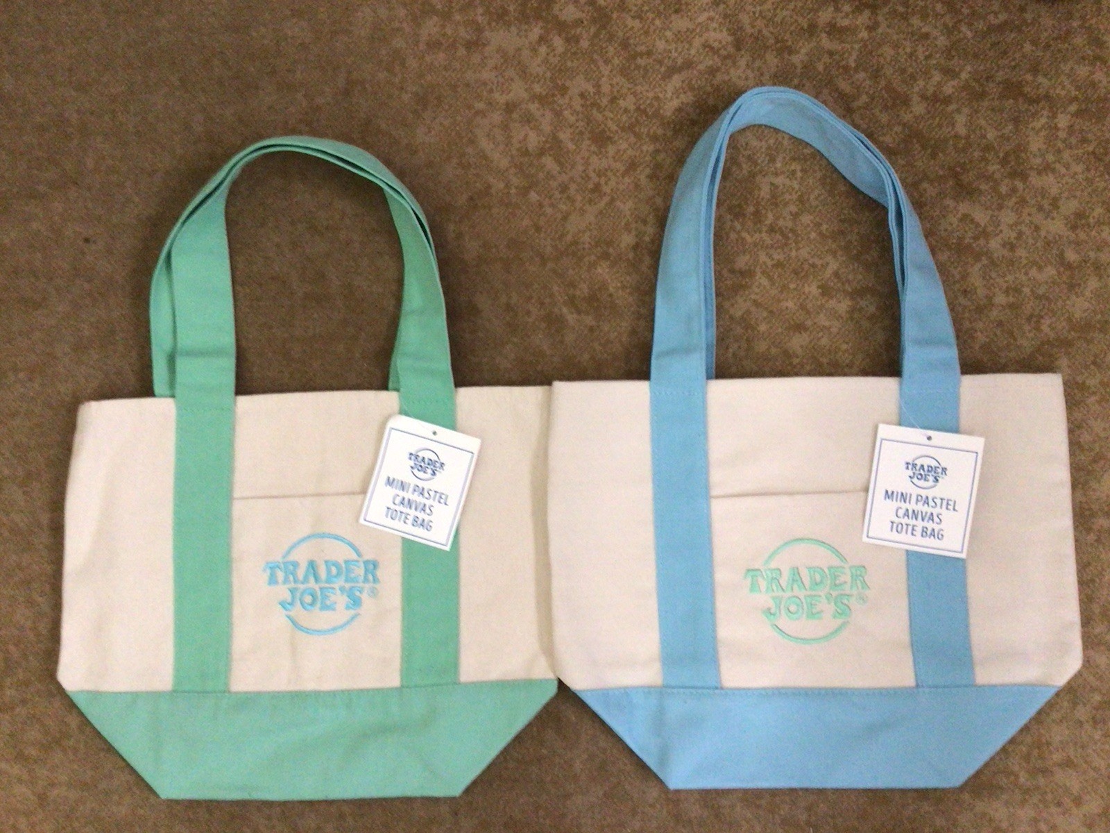 Trader Joe’s Set Of 2 Mini PASTEL Canvas Tote Bags Green and Blue New With Tags