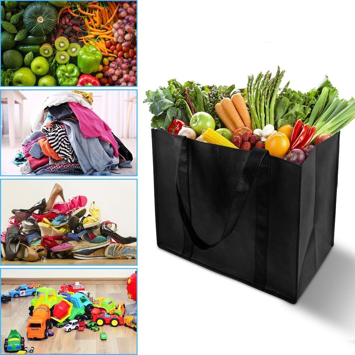 10 Pack Reusable Grocery Bags Heavy Duty XL Tote Foldable Washable Black