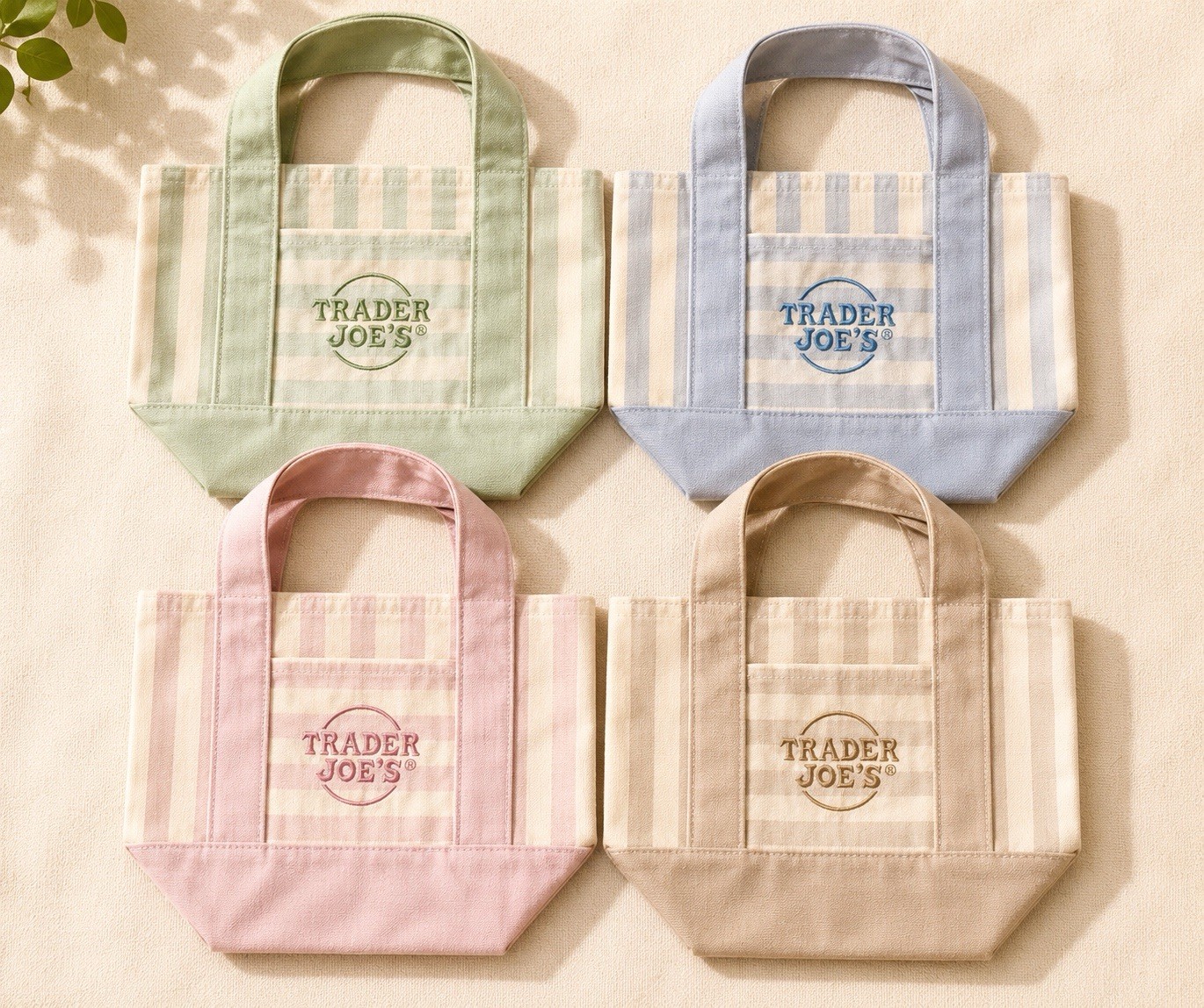 Trader Joe’s Striped Mini Canvas Tote Bag Set of 4 Pink Blue Green Beige Reuse