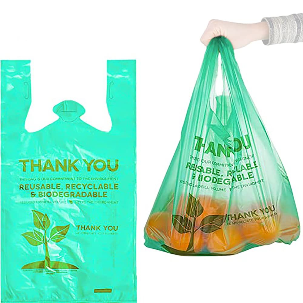 Pack of 50 T-Shirt Bags with Handles 22″ x 12″ Green Biodegradable Plastic Sh…