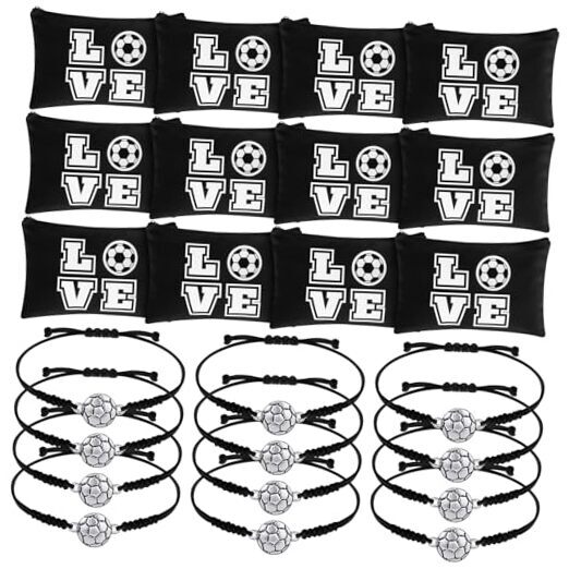 Sweetude 24 Pcs Soccer Gifts 12 Pcs Soccer Makeup Bag 12 Pcs Adjustable Black