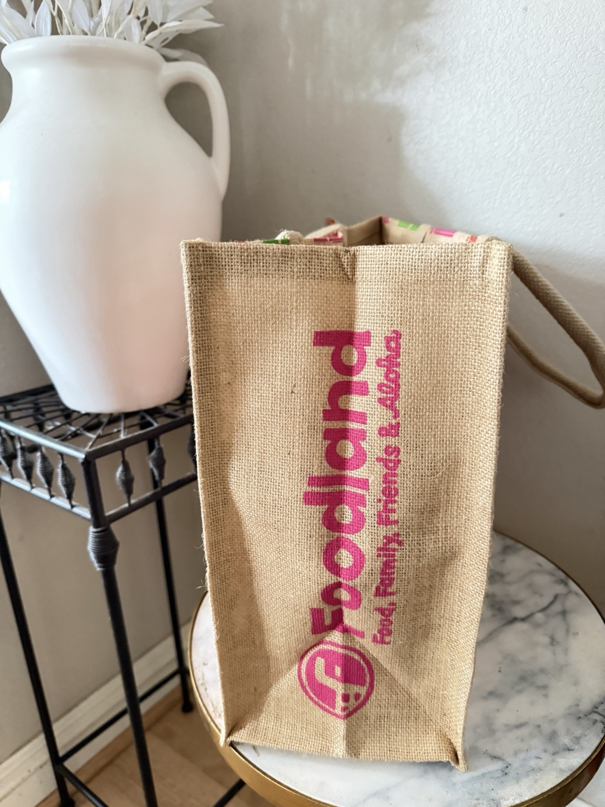 Foodland Jute Reusable Shopping Tote Bag Fruit Pattern With Handles 14x13x6″