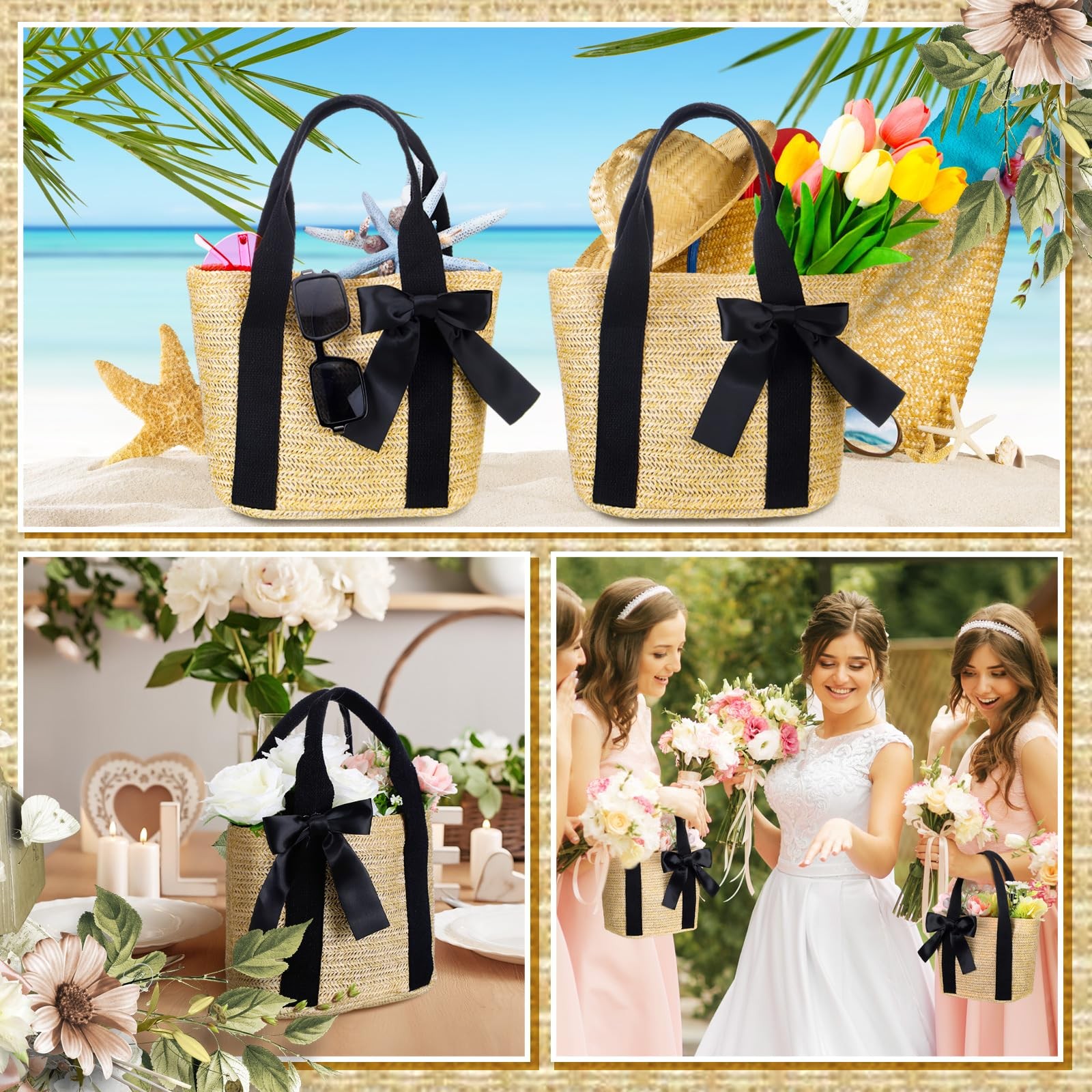 6 Pcs Bridesmaid Straw Beach Bags Reusable Woven Burlap Tote Bags with Handle…
