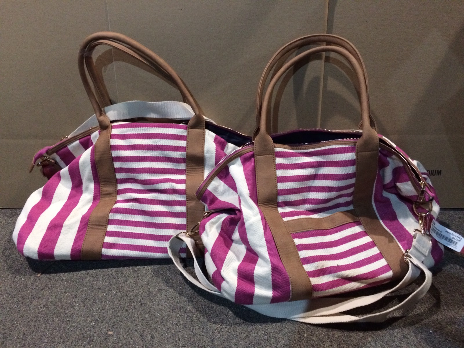 Lot Of 2 Stylish Plastic & Canvas Reusable Tote Bags Pink With White Stripe XL