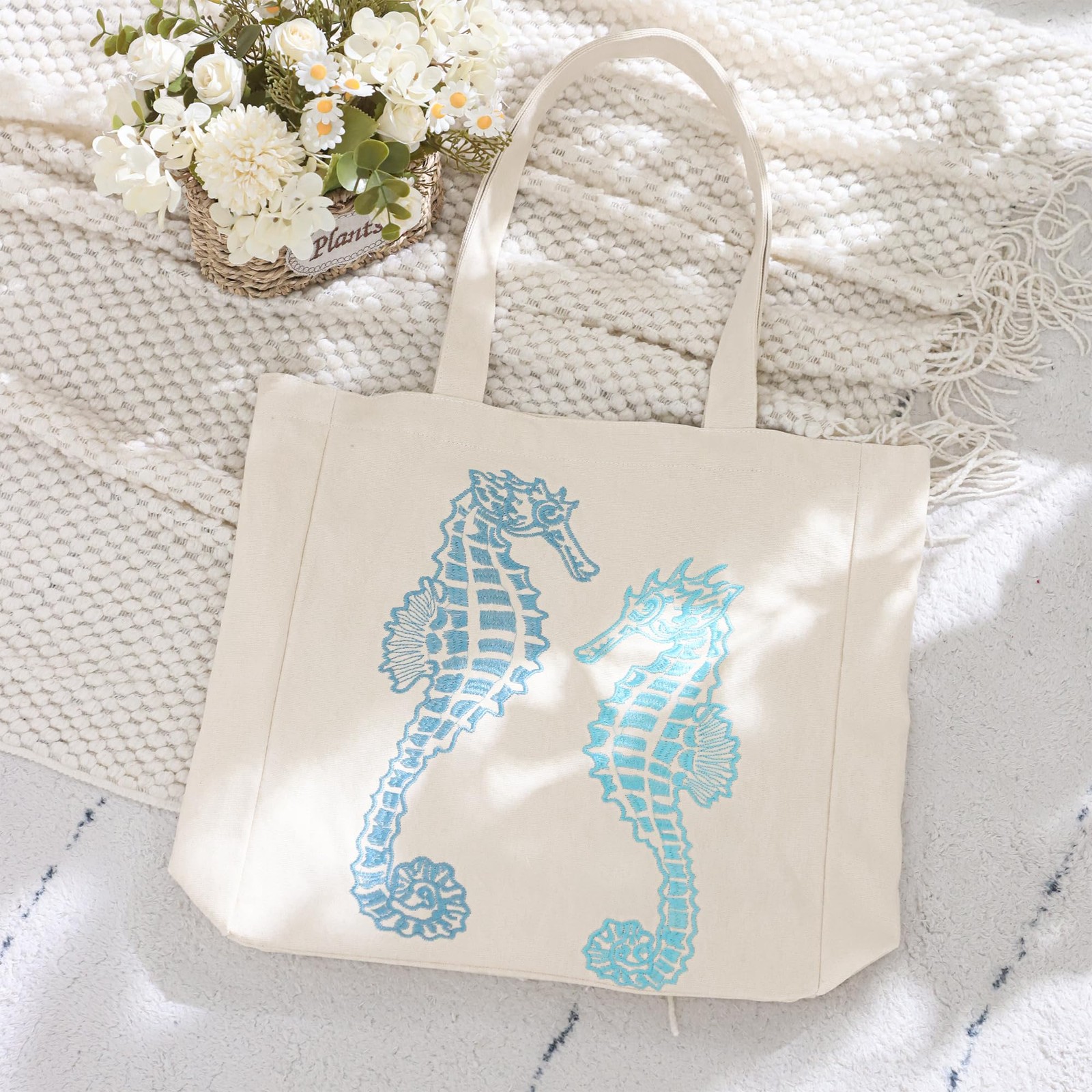 Embroidery Tote Bag for Women Summer Canvas Beach Bag with Pocket & Buckle Re…