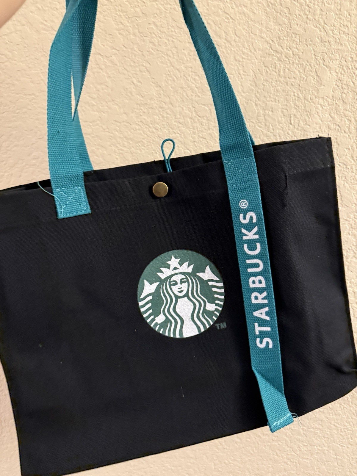 Starbucks Reusable Foldable Canvas Shopping Bag Black Teal Handles Logo