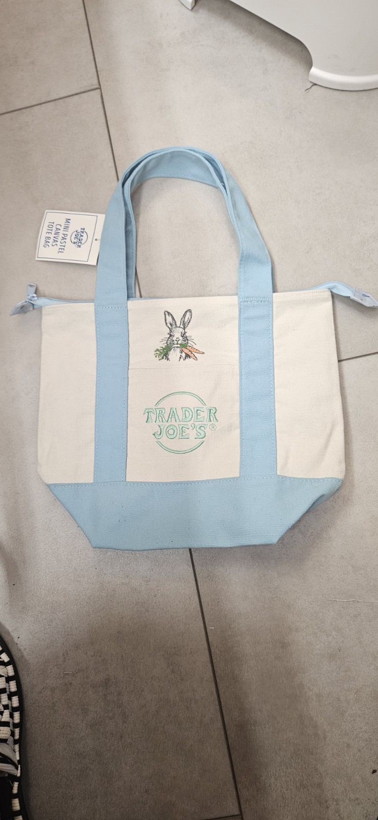 Trader Joe’s Canvas Mini Pastel Tote Bag Blue Beige Animal Print Zipper