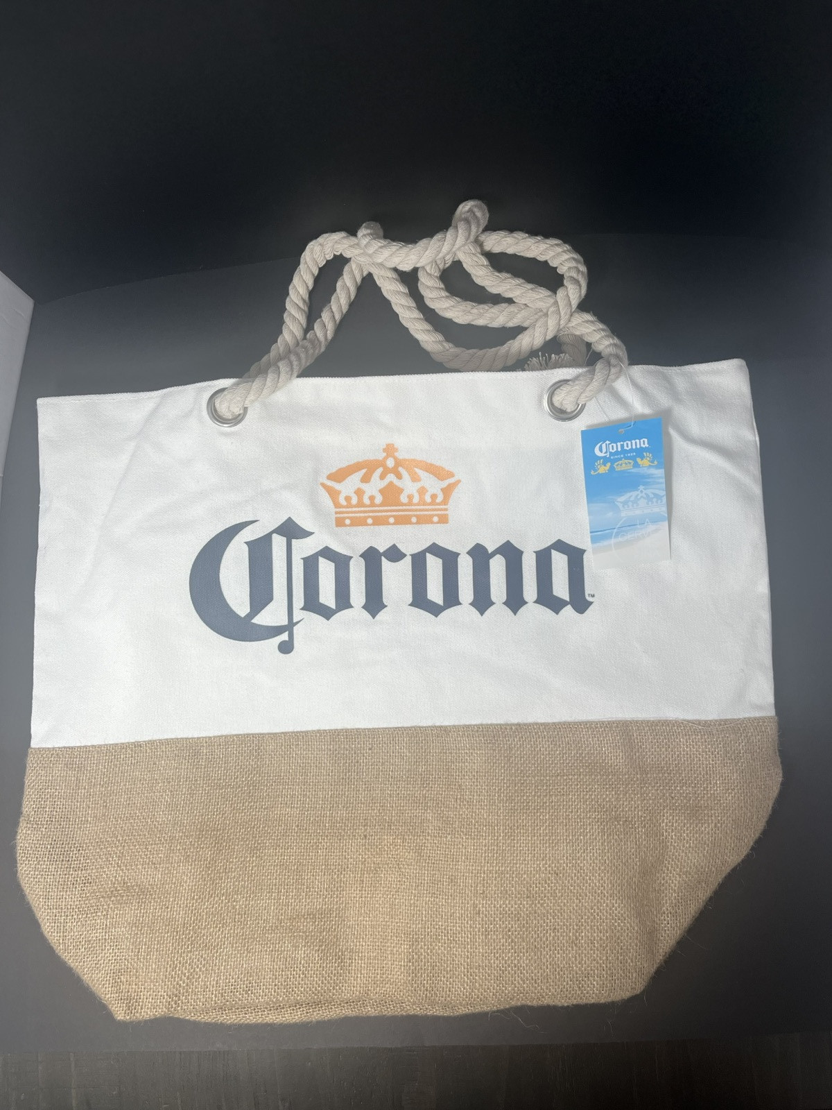 Corona Beer Beach Bag Tote, Northlight, logo, burlap, canvas, lined, rope Ivory