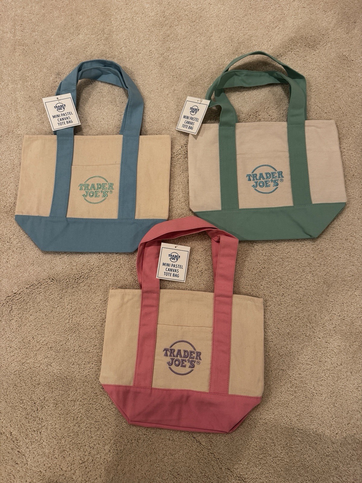 Trader Joe’s 2026 Spring Mini Pastel Canvas Tote Bags – Lot Of 3