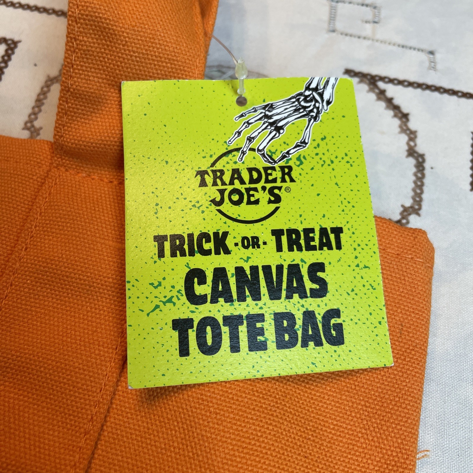 Trader Joe’s Trick or Treat Canvas Tote Bag Orange With Black Embroidery New