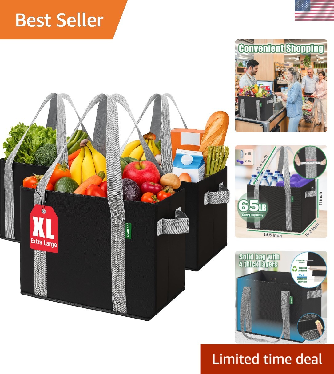 Foldable Heavy Duty Shopping Bags – 3 Pack Stand Up Design for 65 Lbs Capacity