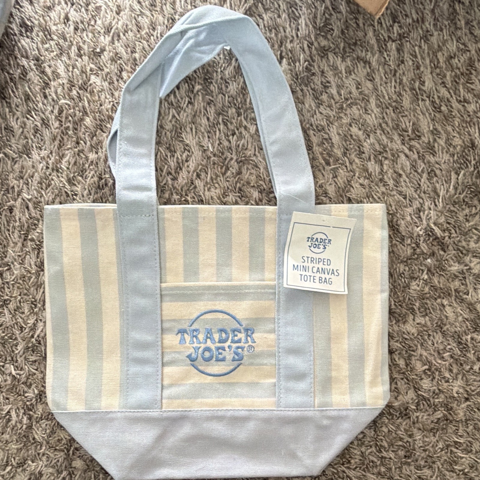 Trader Joe’s Mini Canvas Tote Bag Blue/White Striped New 13x11x6 in