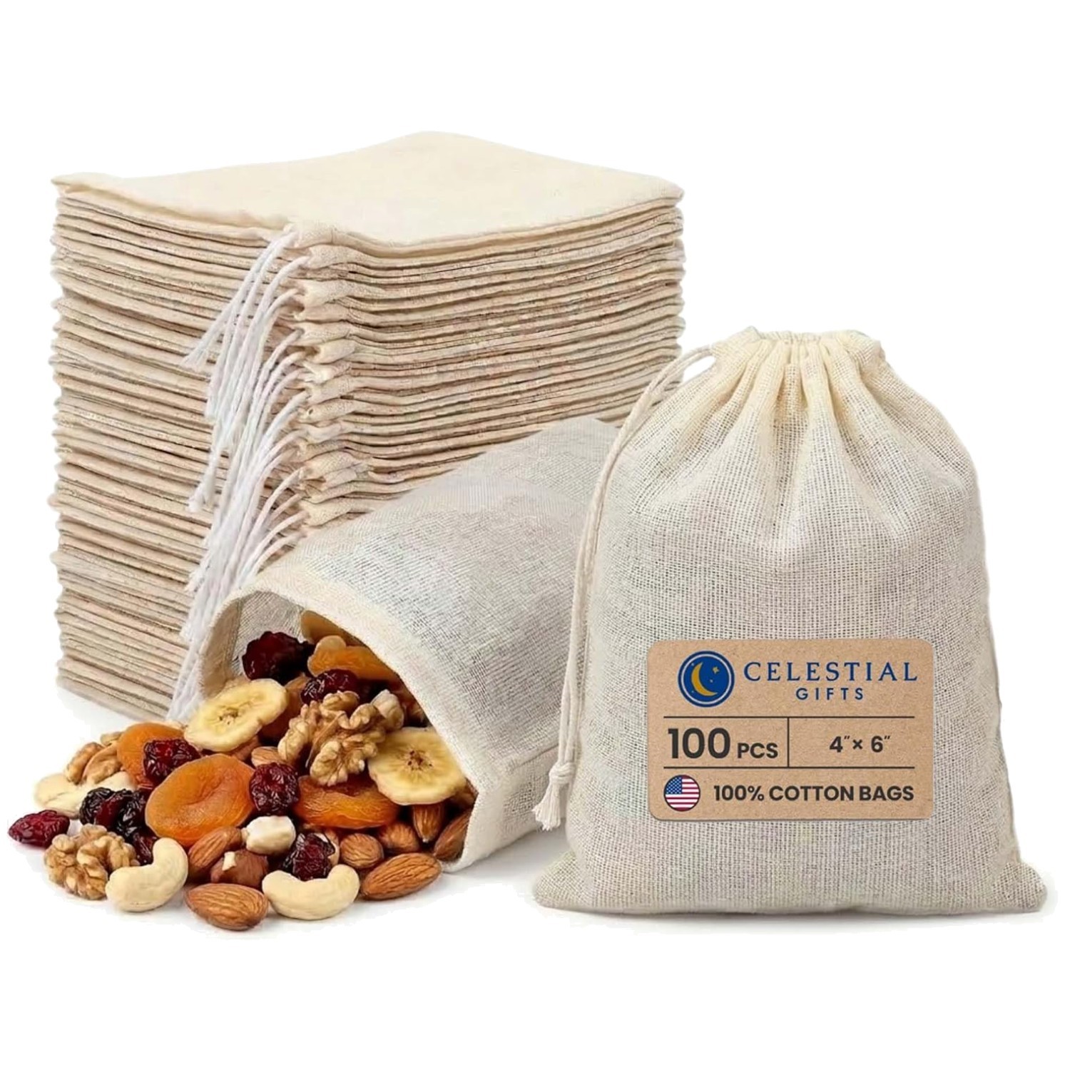 Reusable Drawstring Bags, 100 Pack, Herb & Spice Storage