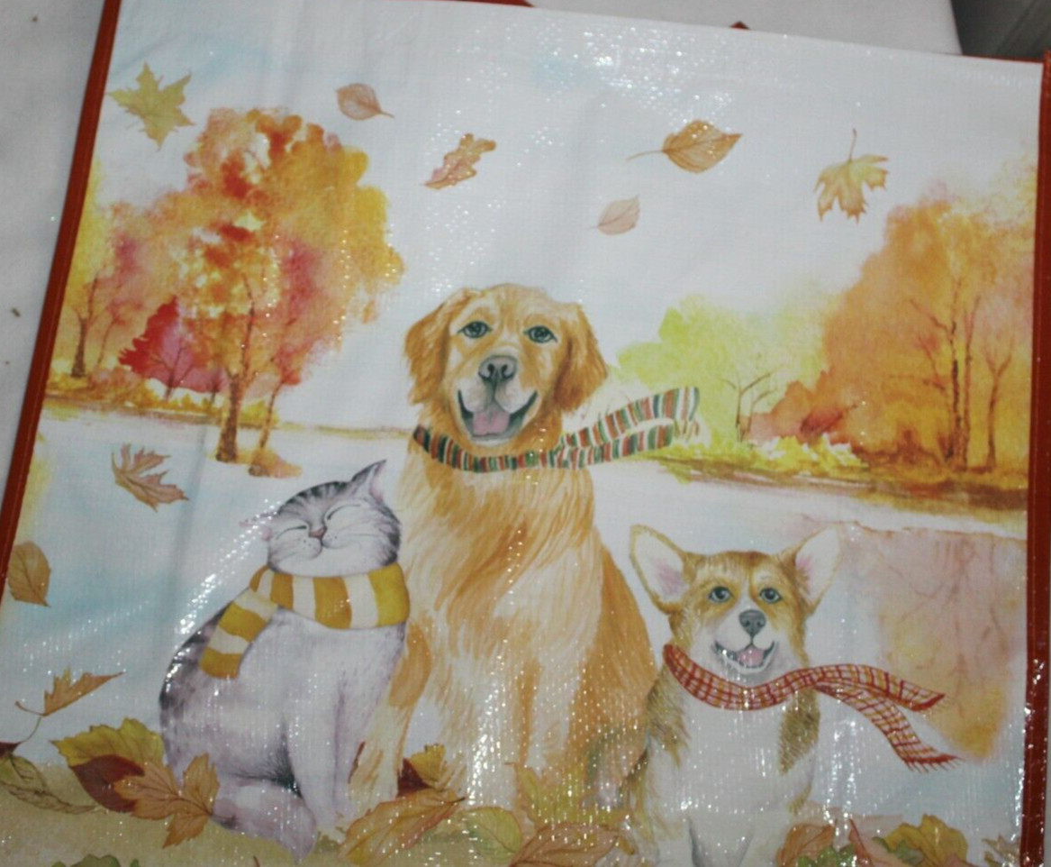 Fall Autumn Leaves Shopping Bag Reusable Tote DOGS And CATS WEARING SCARFS