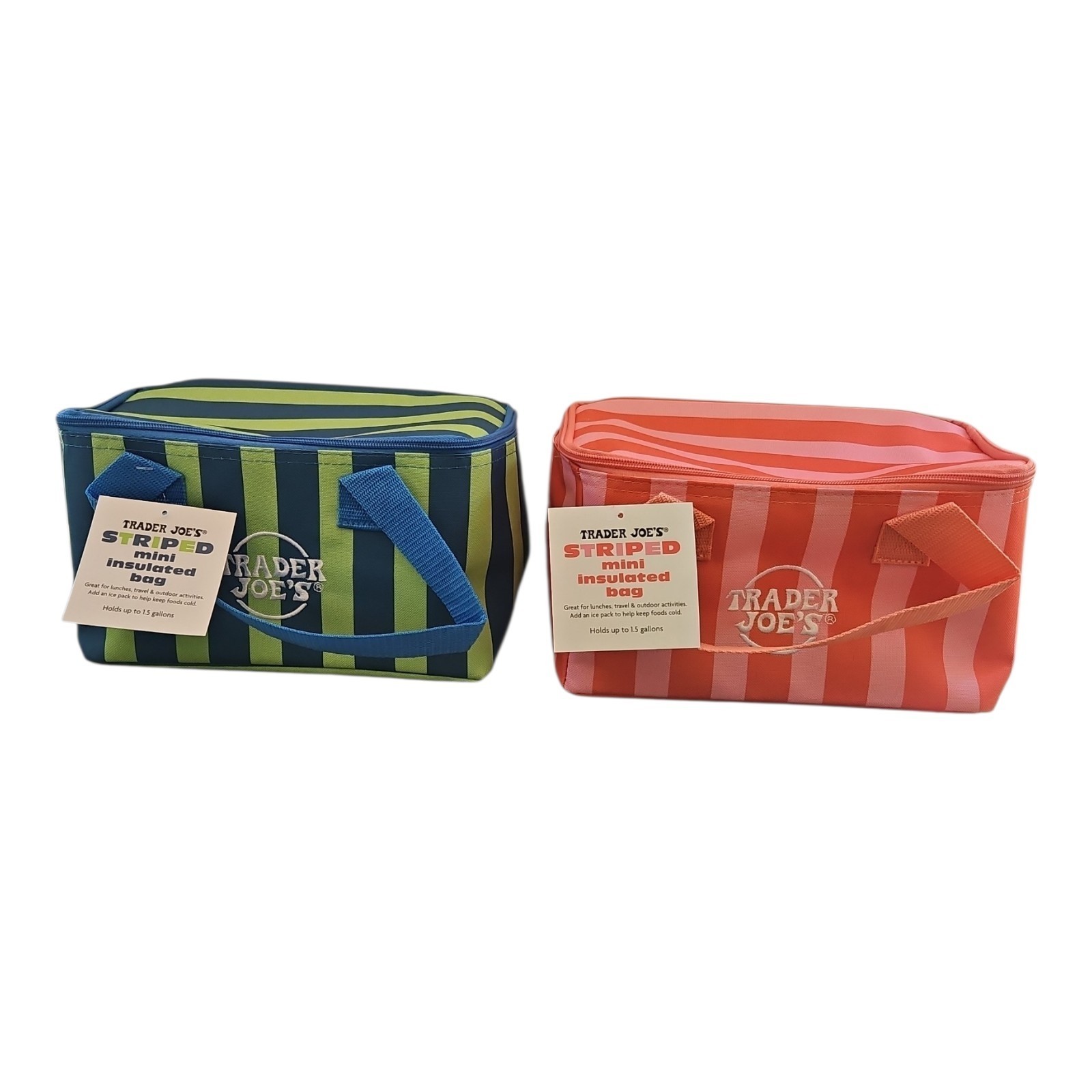 Trader Joe’s Mini Insulated Green and Pink Striped Color Tote Bags Set of 2