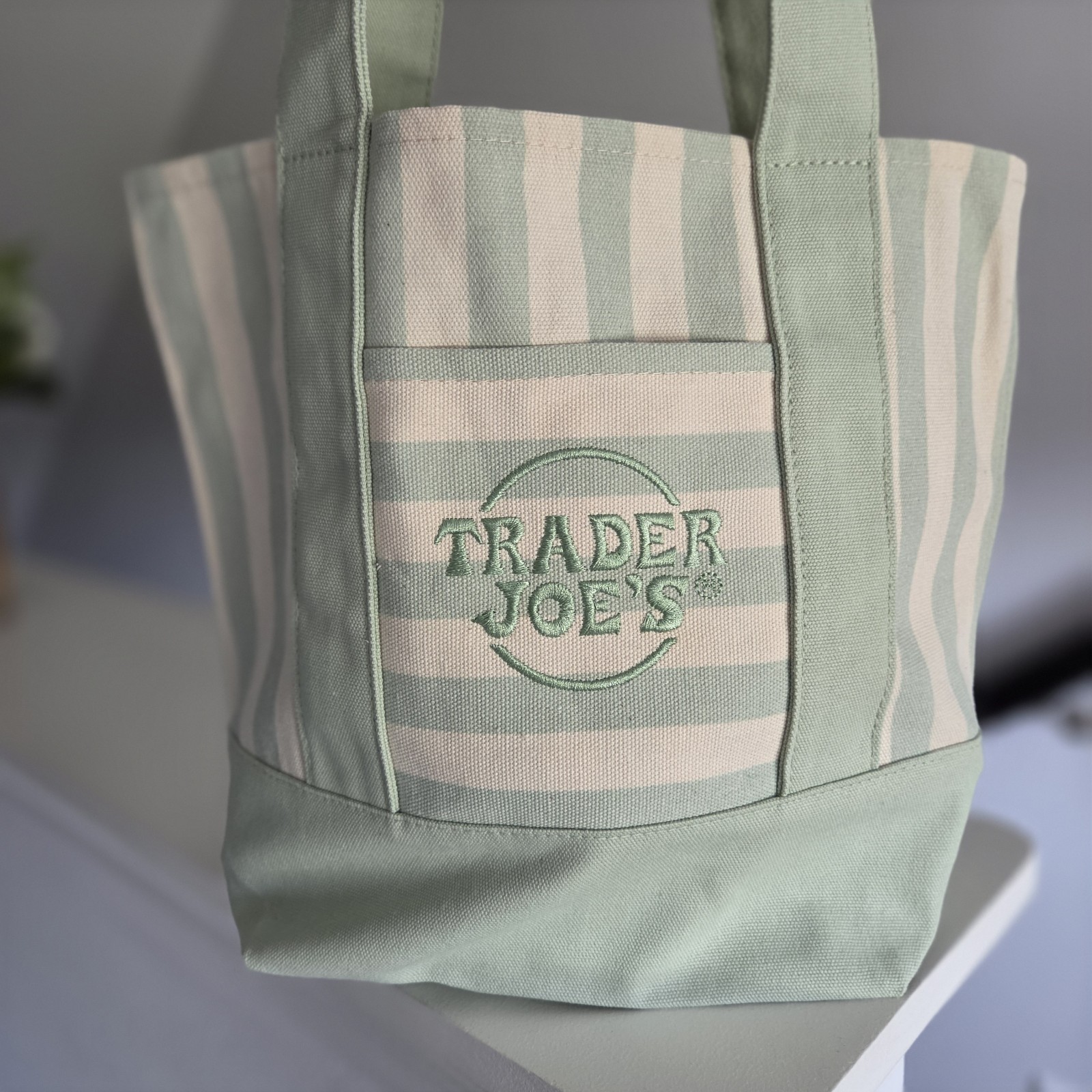 Trader Joe’s Limited Mini Canvas Pastel Striped Tote Bag 2026 Seafoam Green
