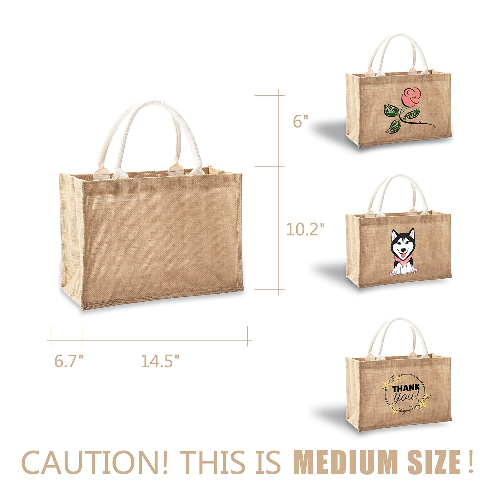 3 PCS Jute Bags with Handles 14.5×6.7×10.2 Inch Medium Burlap Tote Reusable