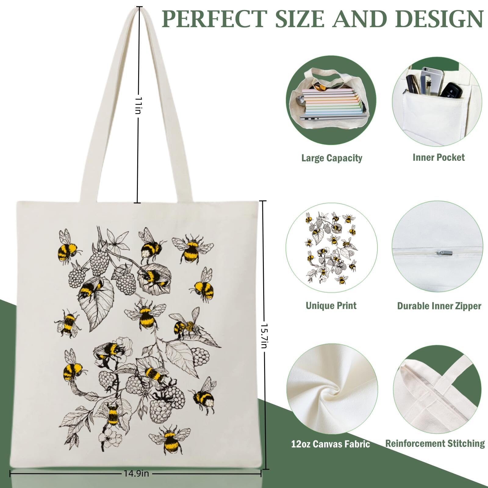 Canvas Tote Bag for Women,Bee Tote Bags with Inner Pocket Totes Gifts For Sho…