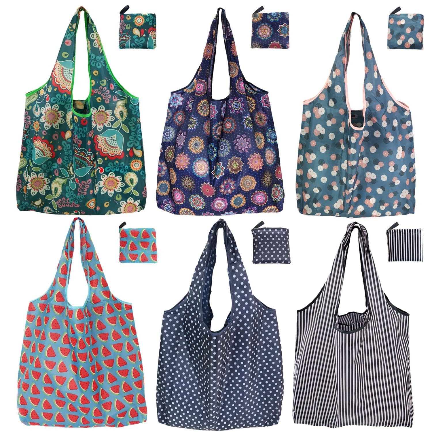 Noilk Reusable Grocery Bags, 6 Pack 50Lbs Foldable Fashion Large, Boho 6