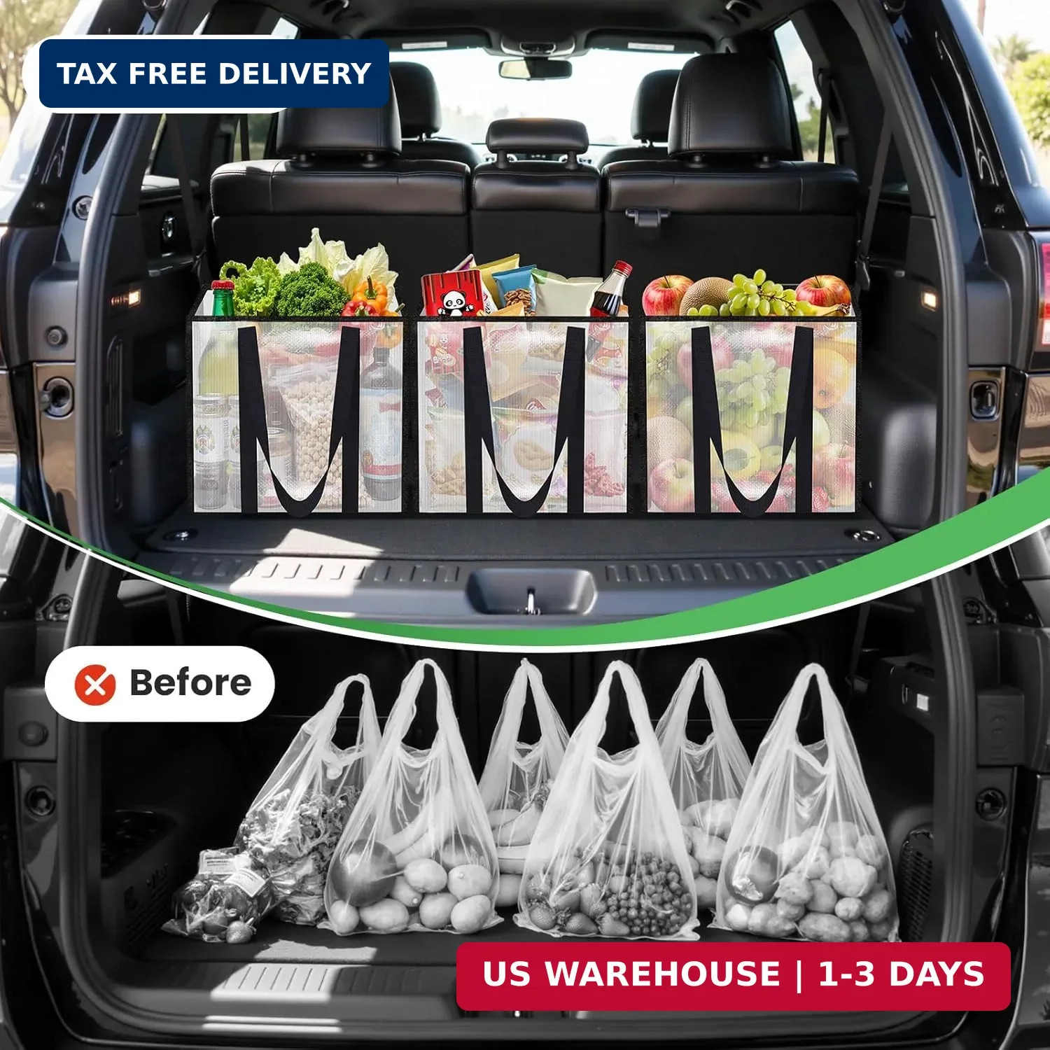 4 Pack Reusable Grocery Bags, Heavy-Duty Shopping Bags with Sturdy Handles, Wate