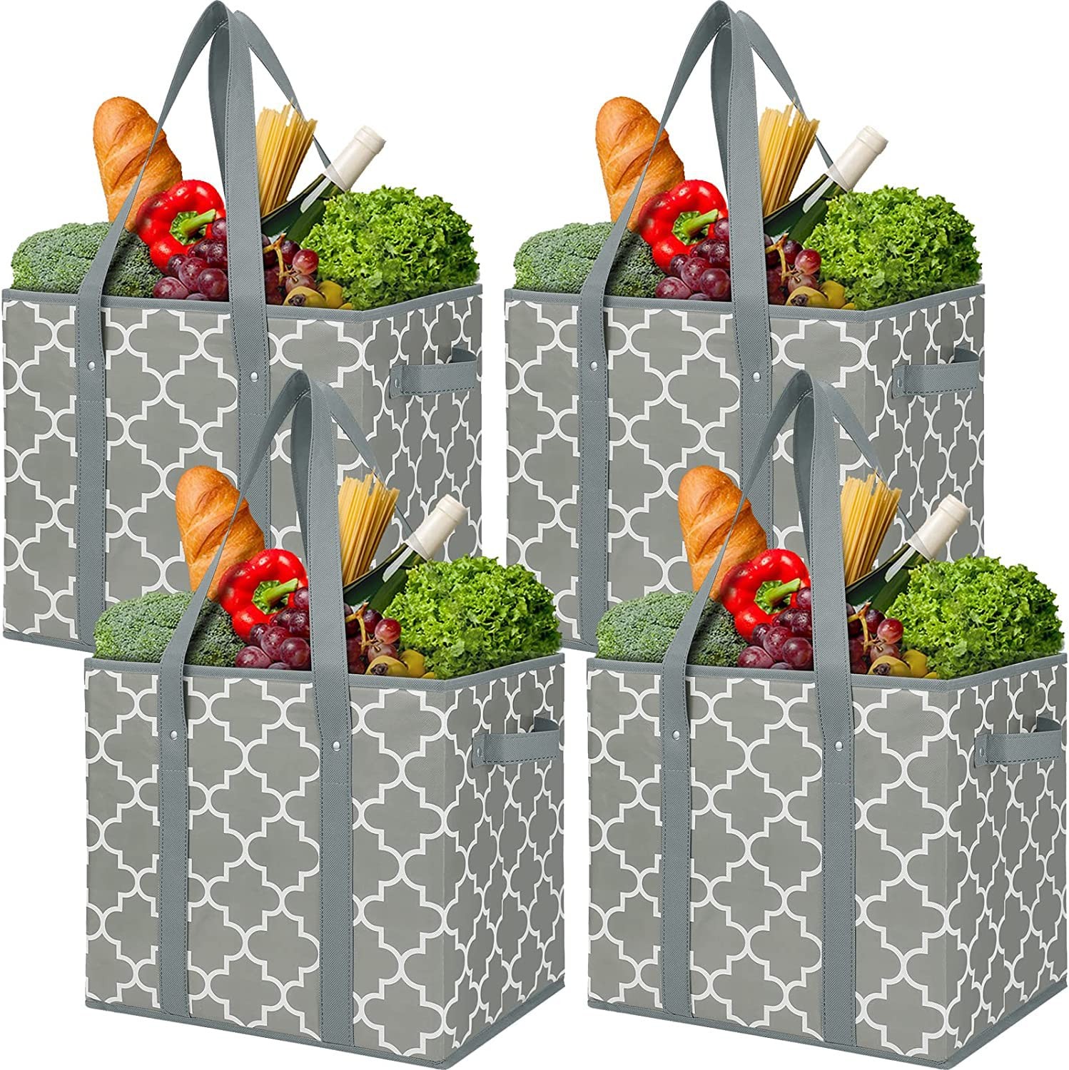 4 PCS Reusable Grocery Bags Foldable Washable Storage Bin Basket Utility Grey
