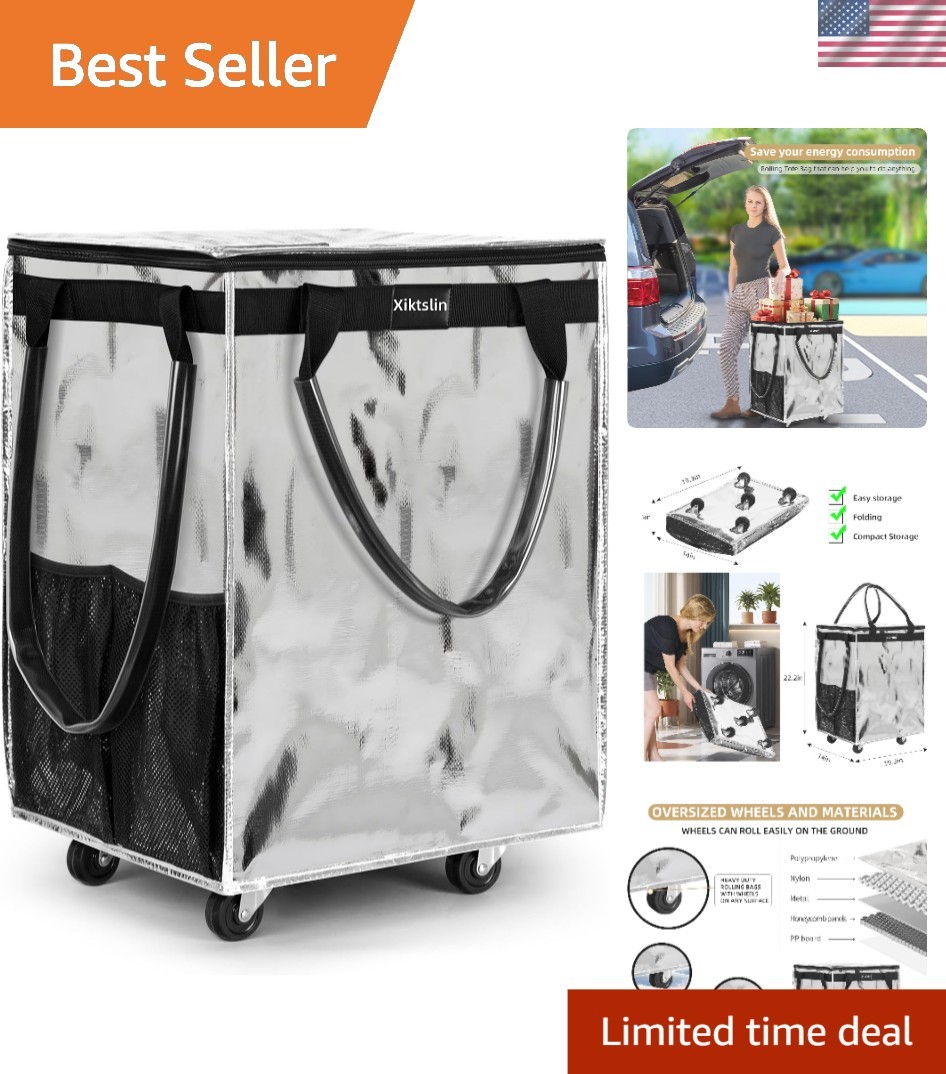 Spacious Silver Rolling Tote Bag on Wheels – Perfect for Grocery and Travel