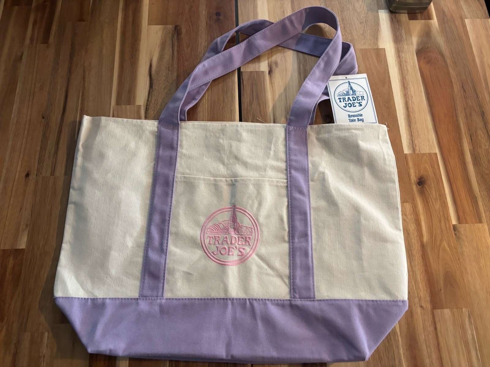 Trader Joe’s Foldable Canvas Reusable Tote Bag Beige Purple Solid Plain