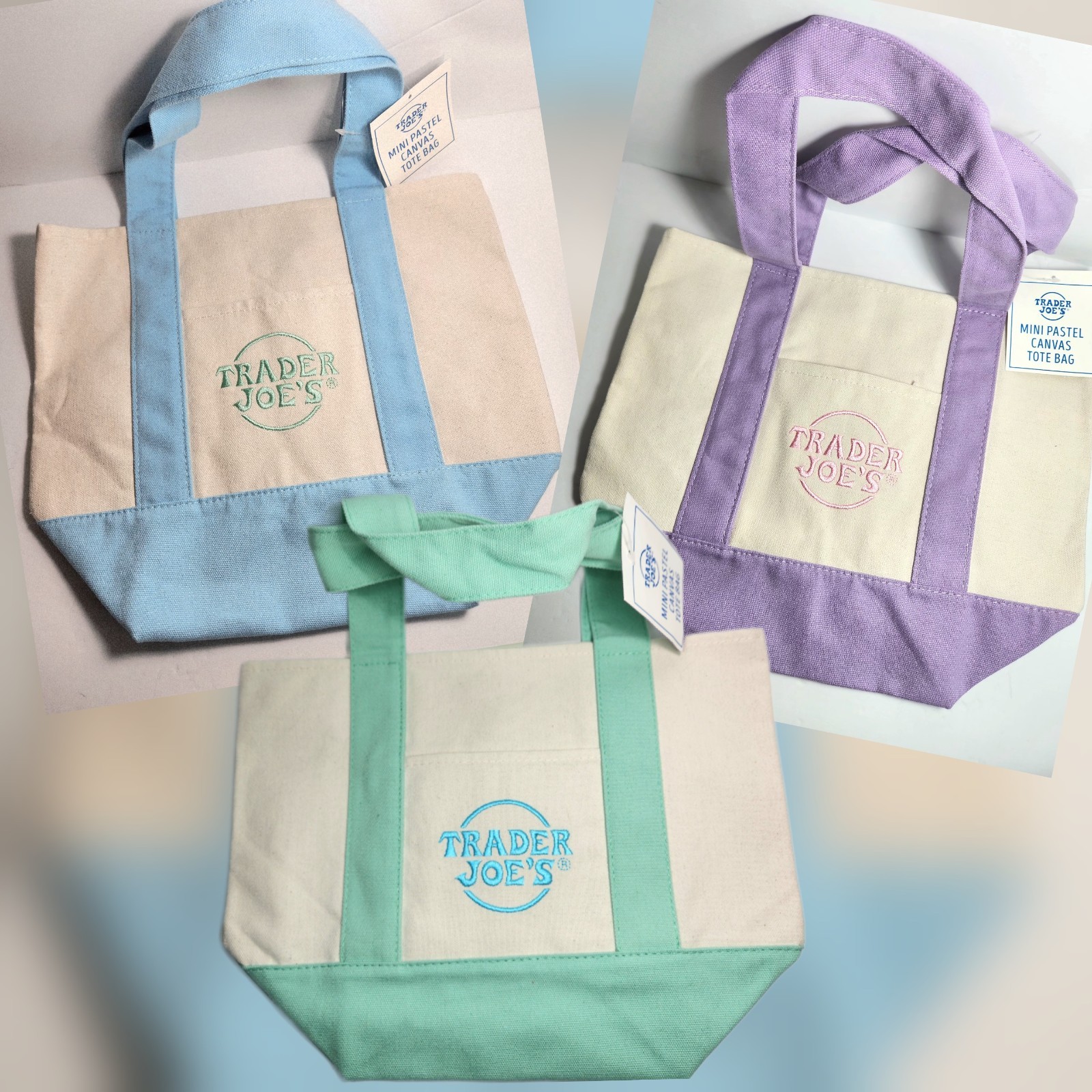 Trader Joe’s Small Canvas Logo Tote Bag Lot of 3 Multicolor Mini Pastel 10x6x4