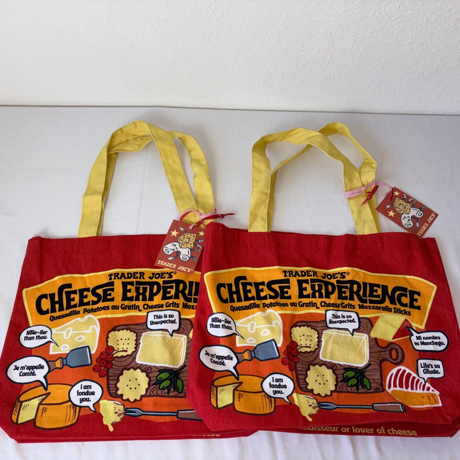 Trader Joes Cheese Experience Tote Bag Red Cotton Canvas Set of 2 New With Tags
