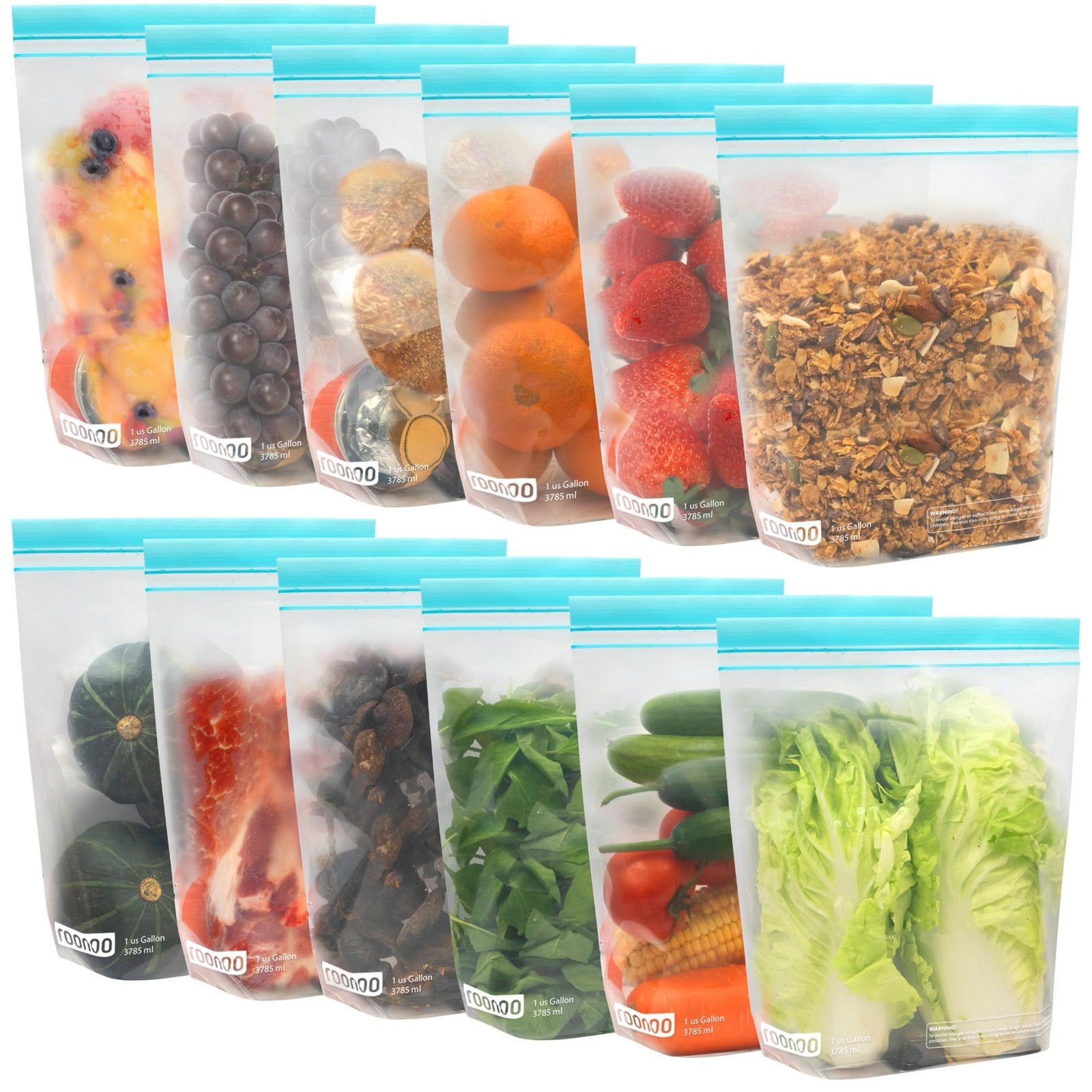 roonoo 12 Pack Reusable Gallon Freezer Bags 12 Bags, clear