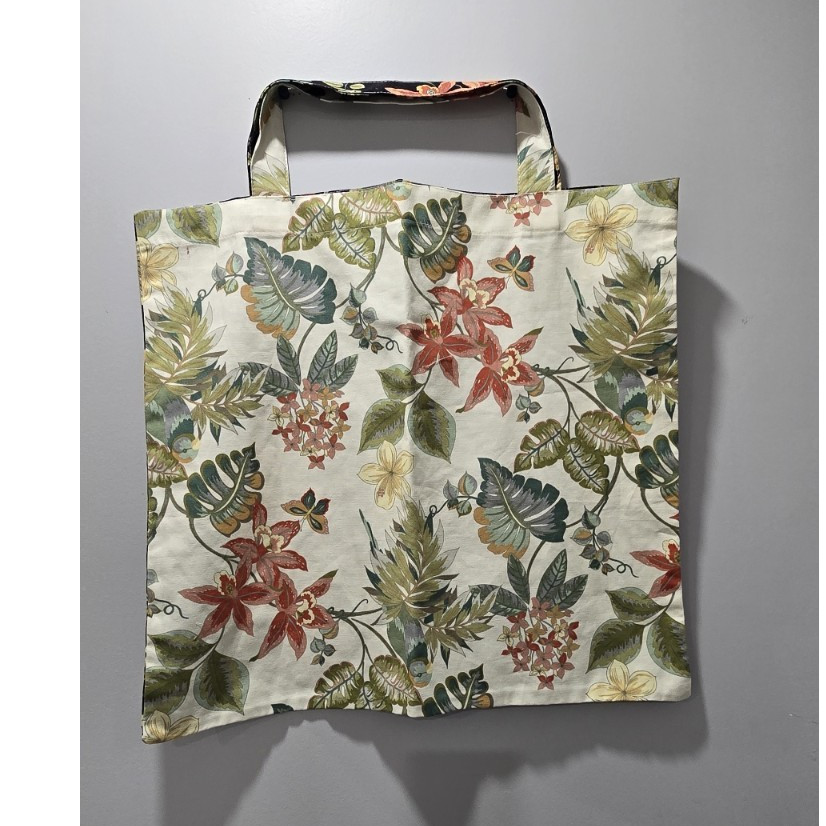 Floral Pattern Reversible Reusable Shopping Bag 21 x 15 in Black Multicolor