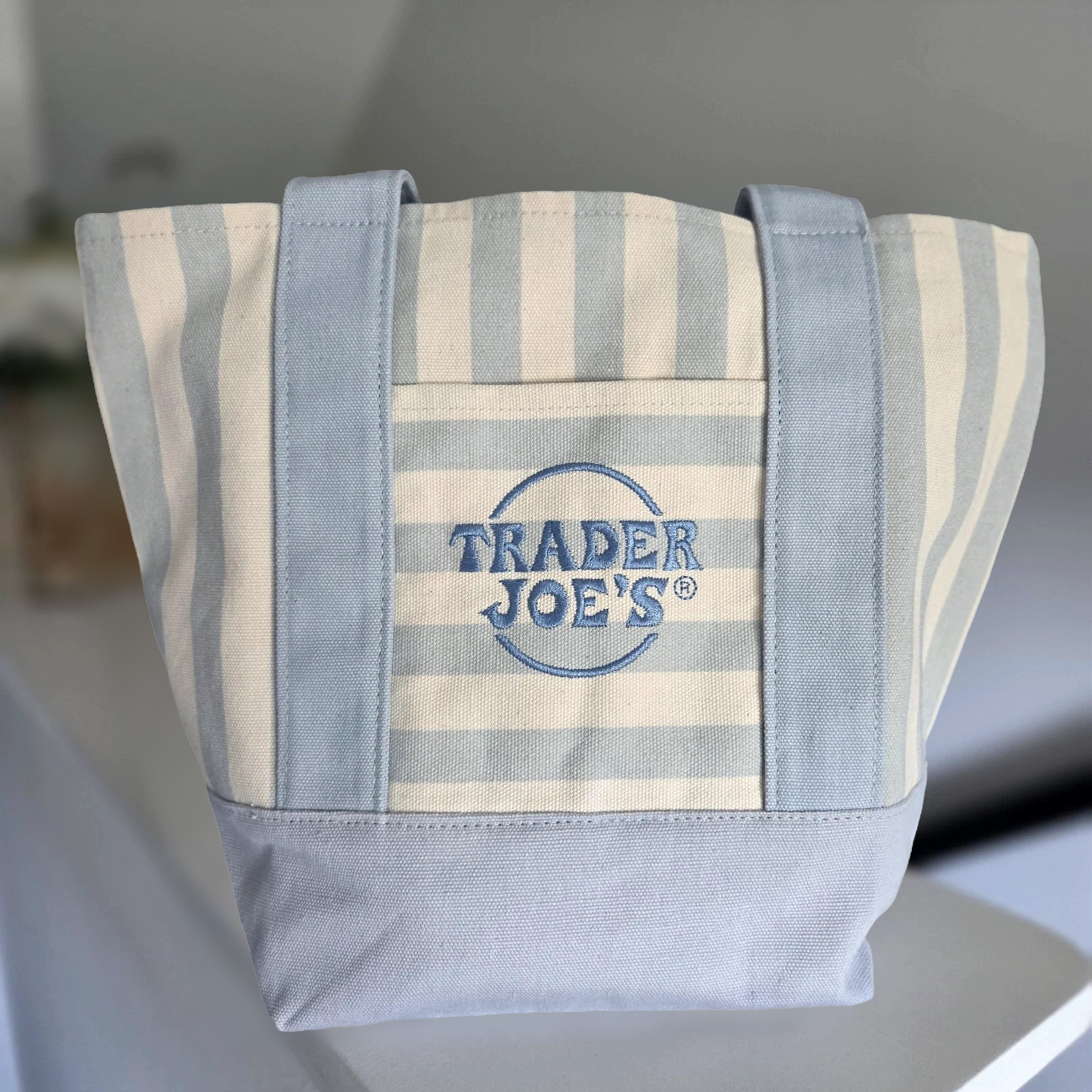 Trader Joe’s Limited Mini Canvas Pastel Striped Tote Bag 2026 Light Blue