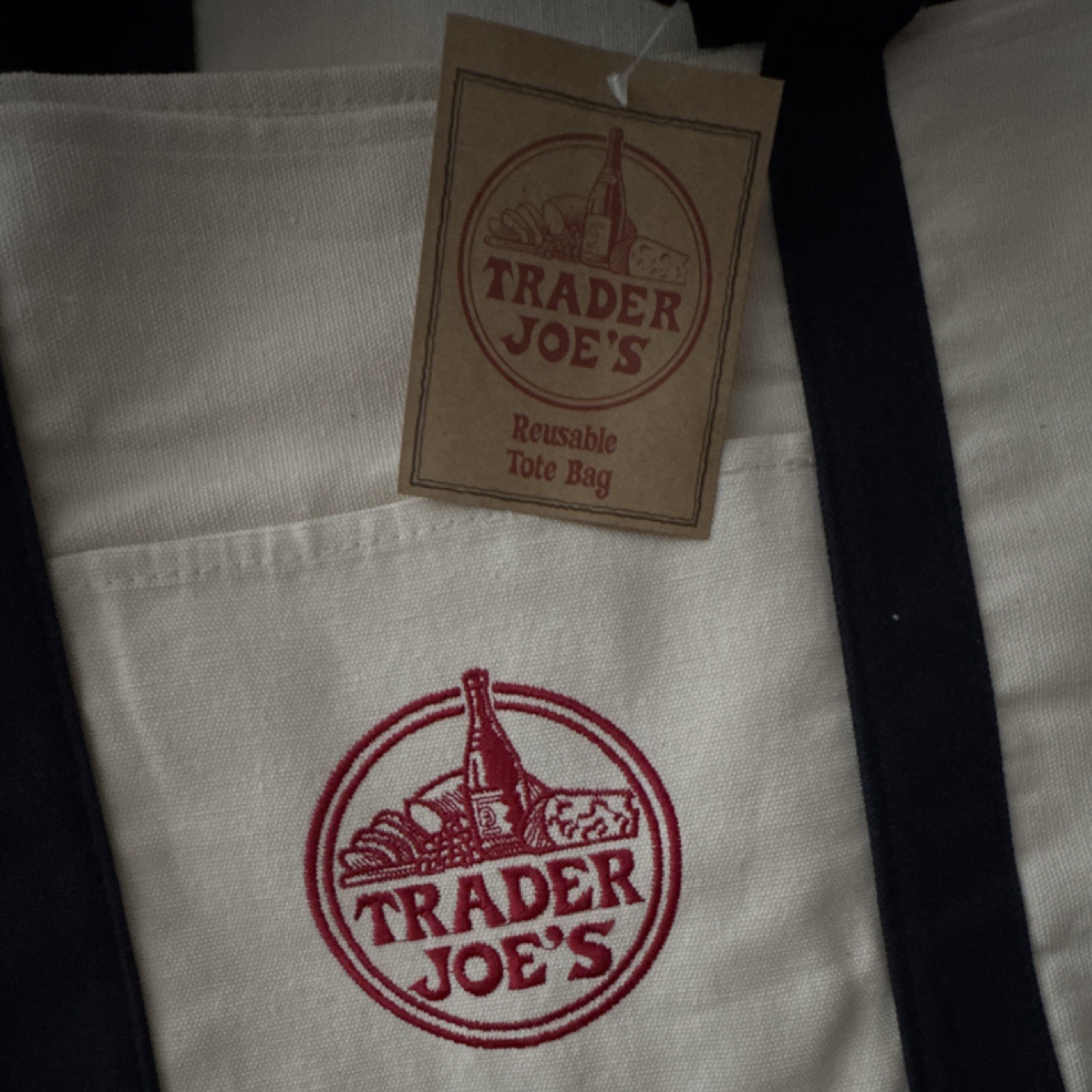LARGE Trader Joe’s Foldable Reusable Tote Bag -Beige Navy Blue Cotton