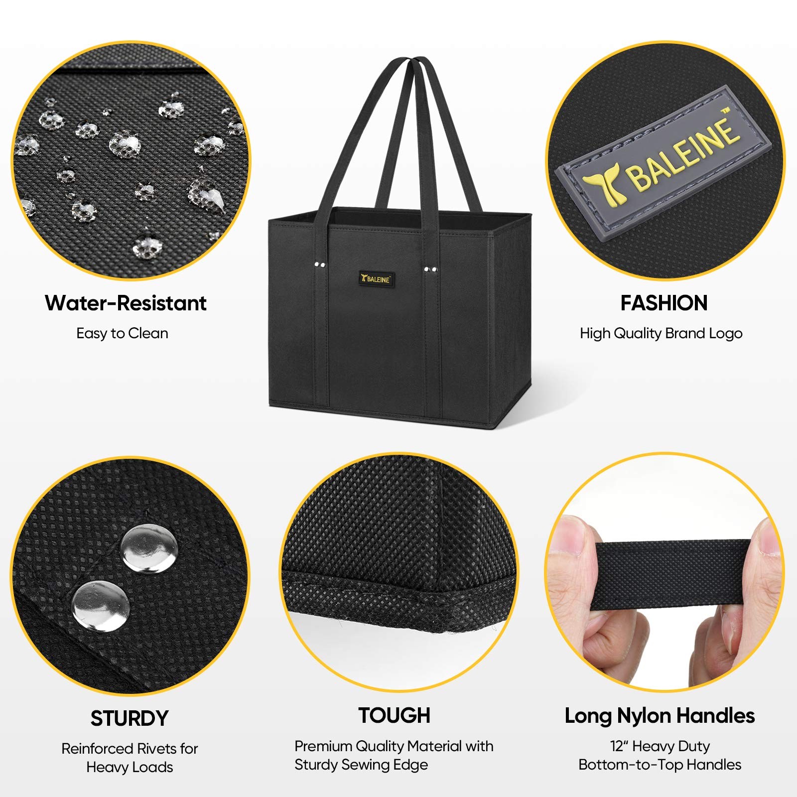 BALEINE 3Pk Reusable Grocery Bags, Foldable Shopping Bags for 3 Pack, Black