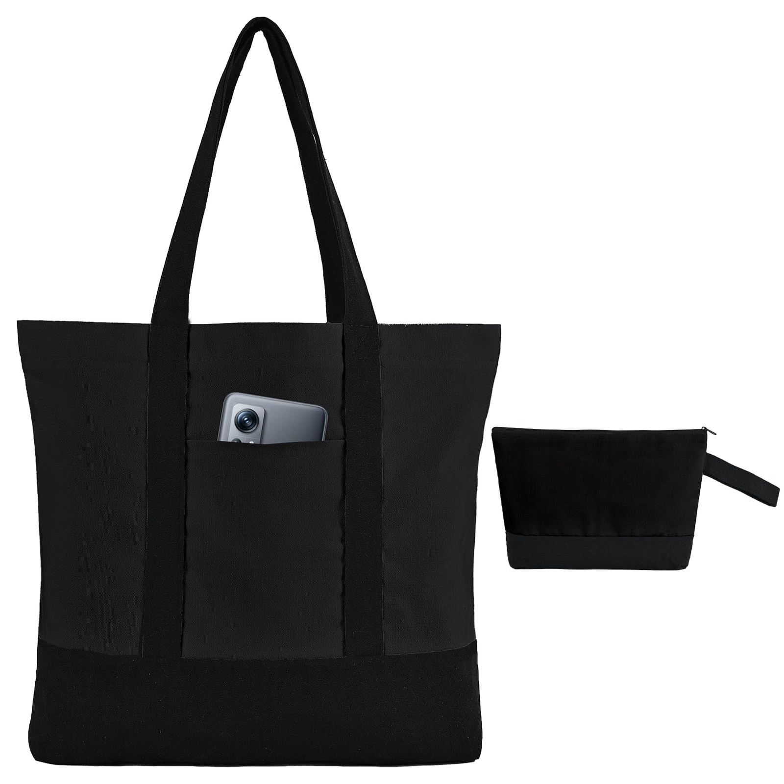 2 Pcs Canvas Tote Bags Bulk and Makeup Pouches Set, 12oz Cotton Reusable Zipp…