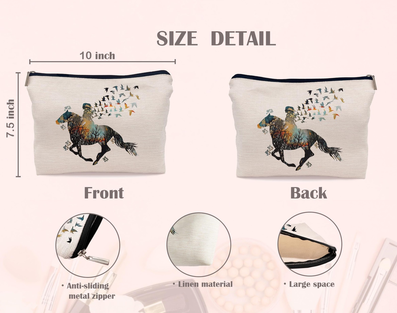 Lacosu Watercolor Girl Riding Horse Horseback with Birds Makeup Multicolor