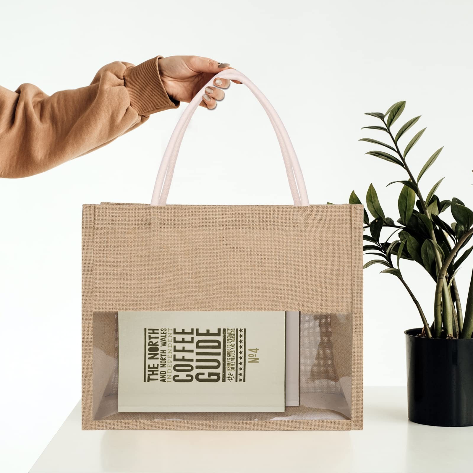 Burlap Jute Tote Transparent PVC Film Window Reusable Beach Grocery Bag 6 PCS