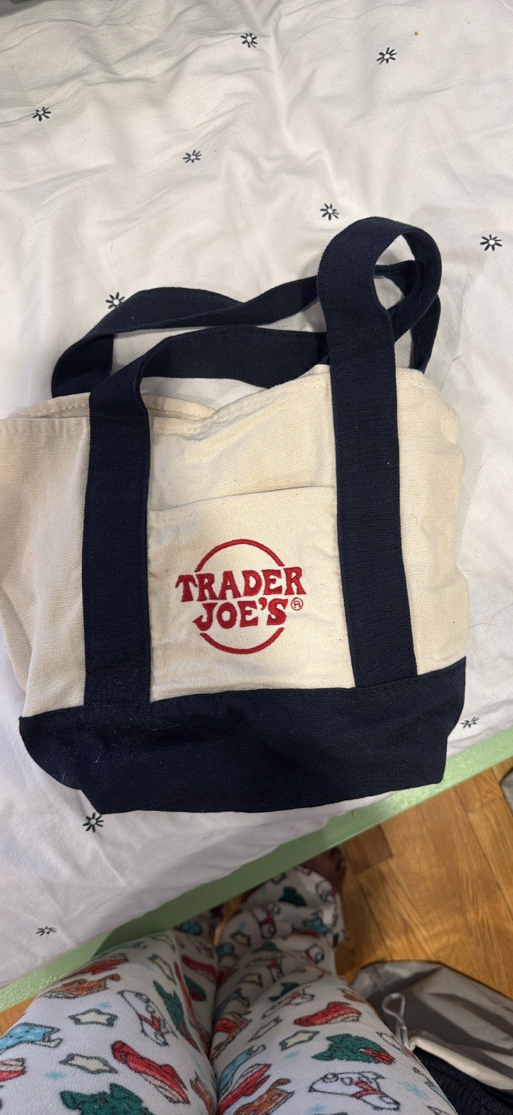 Trader Joe’s Canvas Tote Bag Foldable Beige Navy Blue Solid