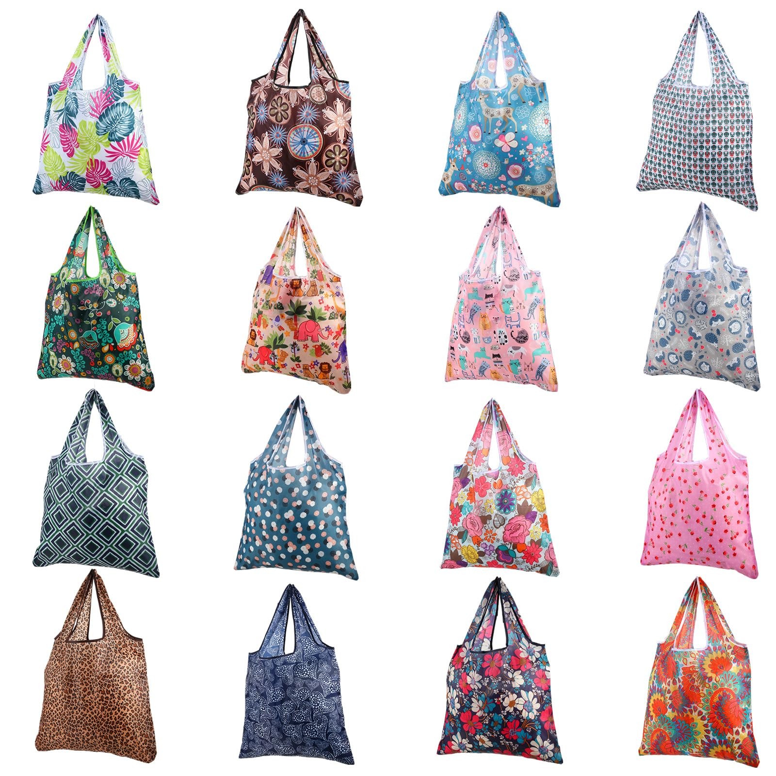 16 PCS Foldable Reusable Grocery Shopping Tote Bags Polyester Multi Color