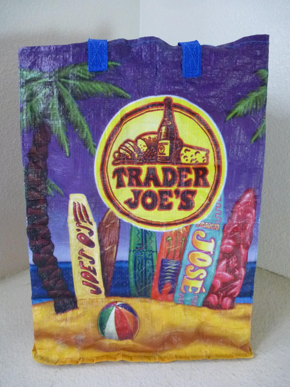 Trader Joes Reusable Grocery Bag Beach Surfboard Tropical Tote Palm Tree Plastic