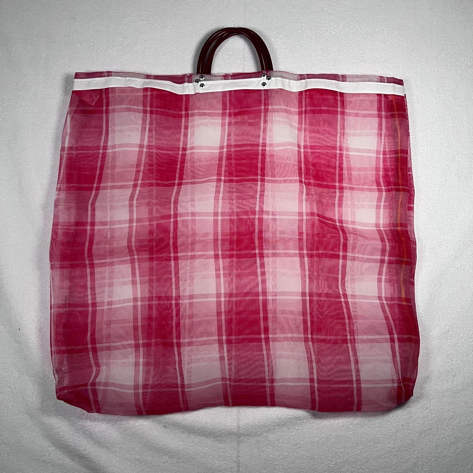 VTG 60’s Mesh Market Red Pink White Plaid Tote Beach Bag XL Mexico Top Handles