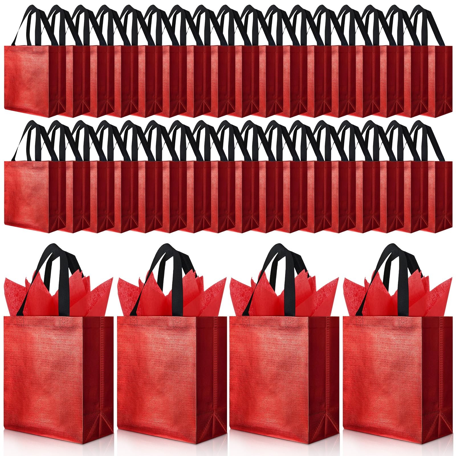 60 Sets Reusable Gift Bags Tissues Papers Glossy Non Woven Tote Red Handle