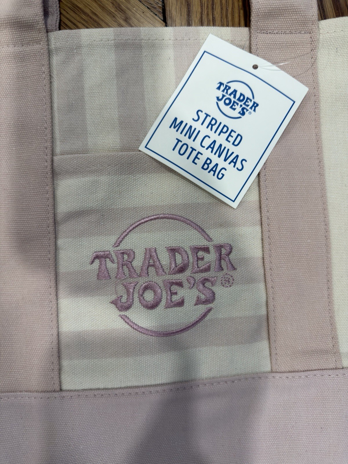Trader Joe’s Striped Mini Canvas Tote Bag Reusable Cotton/Poly Pink