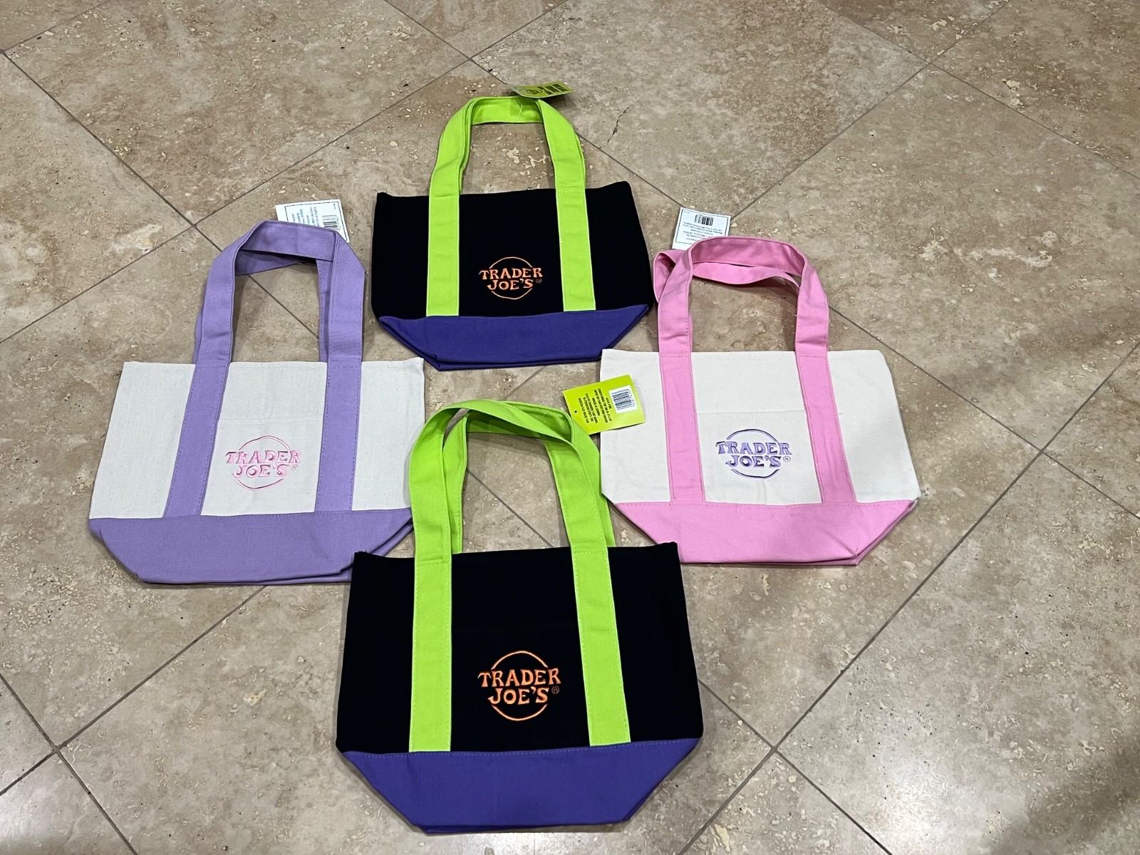 Trader Joe’s Mini Pastel Canvas Tote Bag Bags Pink Purple Black New Set of (4)