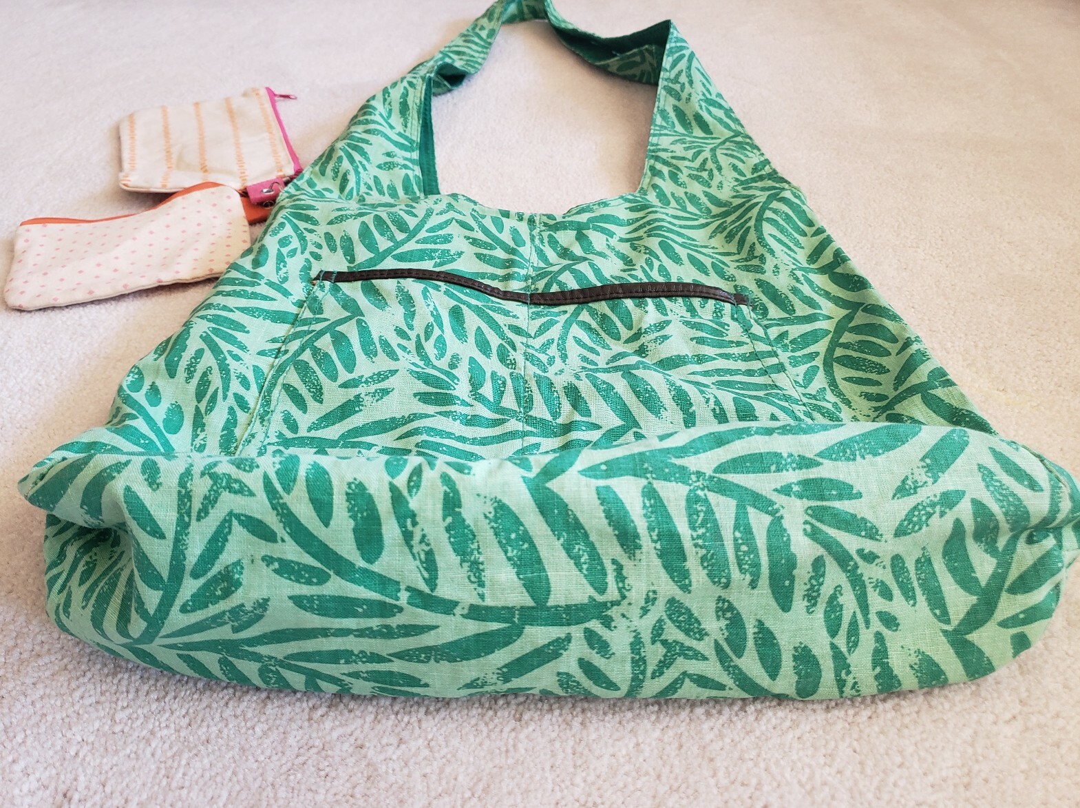 Reusable Green Print Linen-Cotton Magnetic Snap Closure Shopping Shoulder Bag