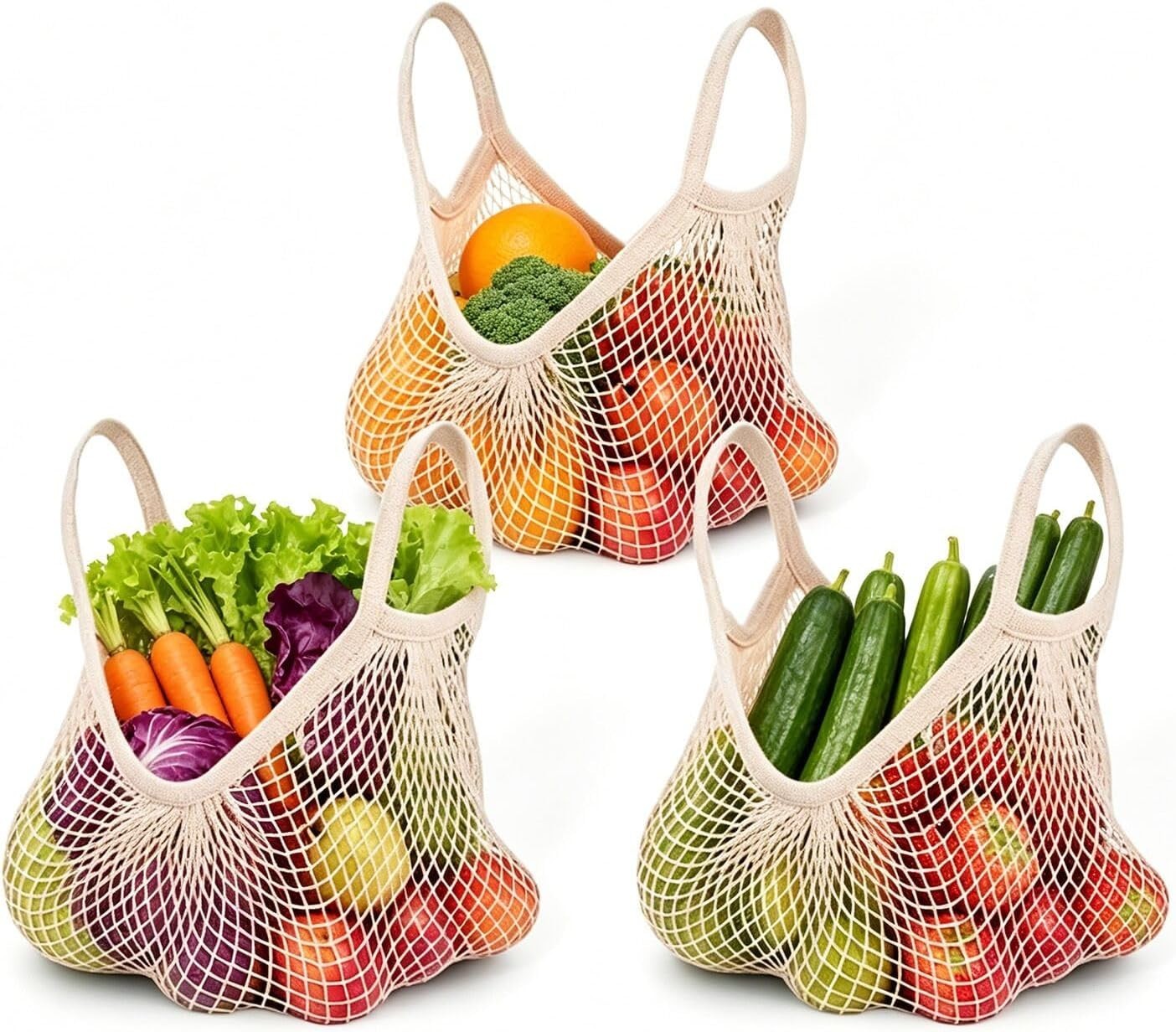 Set of 3 Eco-Friendly Reusable Cotton Mesh Grocery Bags – Retro Beige Style