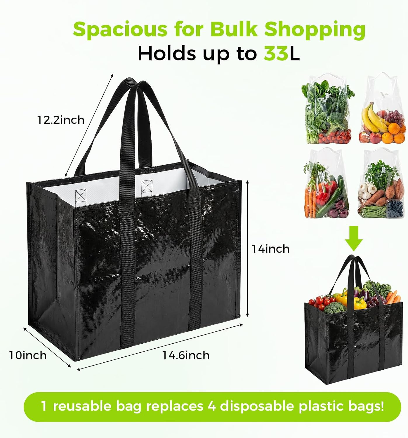 Heavy Duty Reusable Grocery Bags – 4 Pack, Waterproof, Large Capacity 33L